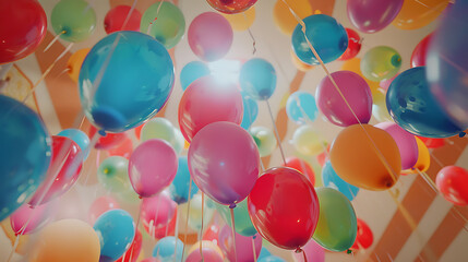 Colorful balloons floating on the ceiling of a party in vintage