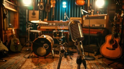 Close-up of a vintage microphone in a recording studio