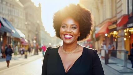 Canvas Print - Woman walking street smiling happy face