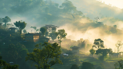 Poster - hillside near the village in morning mist