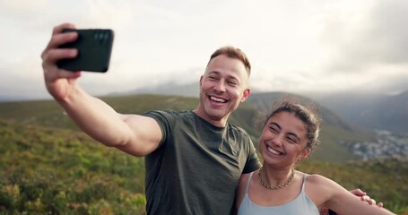 Wall Mural - hiking, fitness or happy couple in selfie in nature for photograph memory, teamwork or wellness. man
