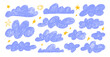 © Anastasiia Hevko - Collection of crayon drawn blue clouds and yellow cute stars in kid's style. Pencil drawings childish icons isolated on white.
