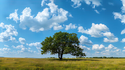 Panorama of a maple tree on a meadow against a blue sky