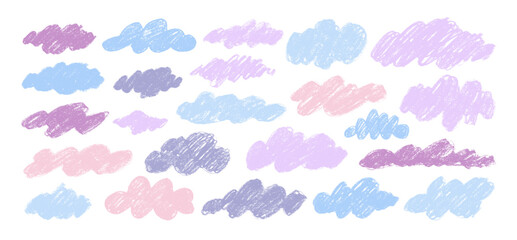 Aufkleber - Collection of hand drawn fluffy clouds in kid's style in pastel colors. Crayon drawn cloud icons with rough sketch texture.