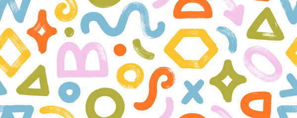 Aufkleber - Colorful seamless pattern with basic geometric shapes and figures in kid's doodle style. Modern playful background with cute geometric shapes. Abstract graphic design banner with wavy bold lines.