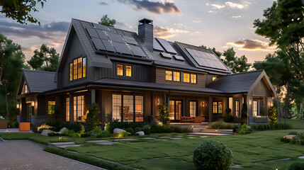 Poster - Solar panels on the gable roof of a beautiful modern home
