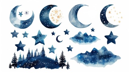 sticker set of starry night sky, watercolor style, night sky illustration, watercolor, stars, forest