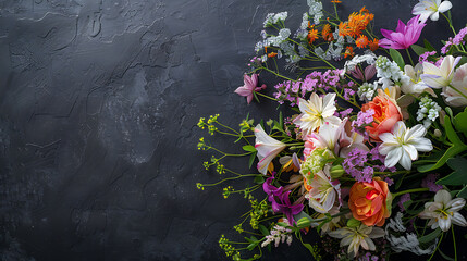 Poster - Spring season still life with Happy Easter greeting holiday script over dark blackboard background texture with beautiful colorful white, pink, orange, purple and green flower blossom bouquet on top