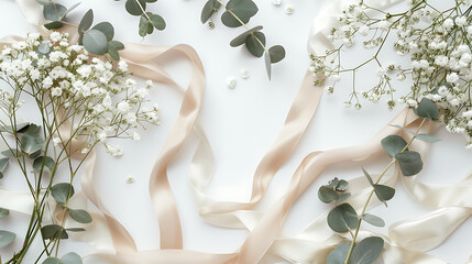 Poster - Styled stock photo. Feminine wedding desktop mockup with baby's breath Gypsophila flowers, dry green eucalyptus leaves, satin ribbon and white background. Empty space. Top view. Picture for blog.