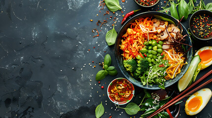 Aufkleber - Top view composition of various Asian food in bowl