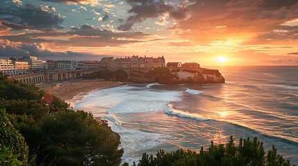 Aufkleber - view of the grande beach , Biarritz, France at sunset