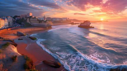 Aufkleber - view of the grande beach , Biarritz, France at sunset