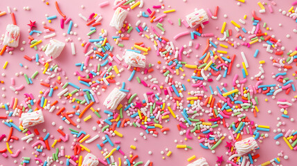 Poster - trendy pattern of colorful sprinkles for background of design banner, poster, flyer, card, postcard, cover, brochure over pink