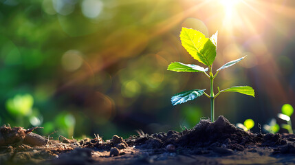 Poster - small tree growing with sunshine in garden. eco concept