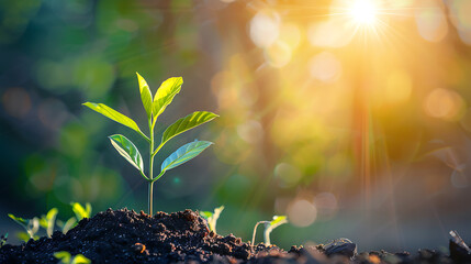 Poster - small tree growing with sunshine in garden eco concept