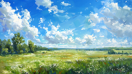 Poster - russia summer landscape green fileds the blue sky and white c