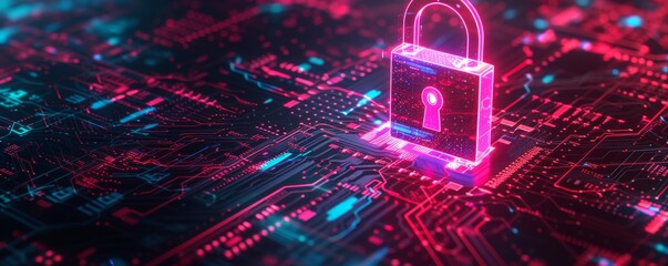 Aufkleber - Digital padlock on a circuit board with neon lights, cybersecurity and data protection concept