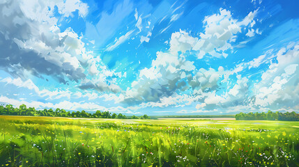 Poster - russia summer landscape green fileds the blue sky and white c
