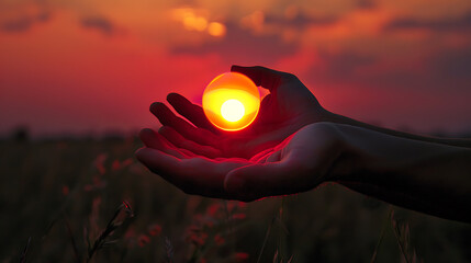 Poster - hands holding the sun at dawn