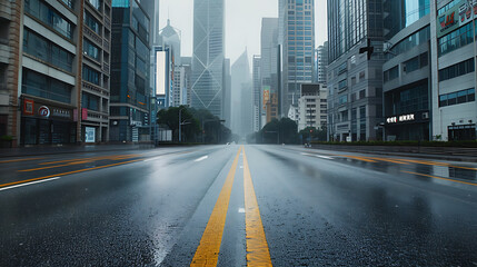 Poster - empty asphalt road of a modern city with skyscrapers
