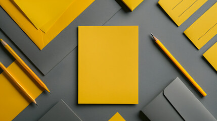 Poster - Yellow stationery square on gray. Flat lay, color 2021.