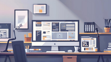 Poster - Web design concept with computer display, web theme and drawings of website, app parts. Modern design web page on computer display. Office, studio work desk.