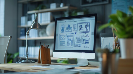 Web design concept with computer display, web theme and drawings of website, app parts. Modern design web page on computer display. Office, studio work desk.
