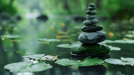 Aufkleber - Zen stones pyramid on water surface, green leaves over it