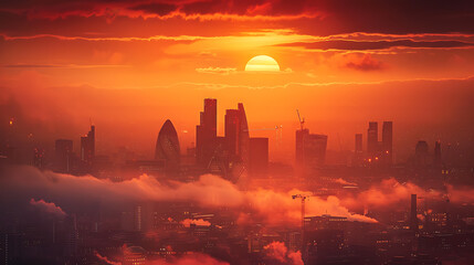Aufkleber - Sonnenuntergang hinter den modernen Wolkenkratzern der Skyline von London, Großbritannien