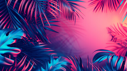 Poster - Tropical and palm leaves in vibrant bold gradient holographic neon  colors. Concept art. Minimal surrealism summer background.