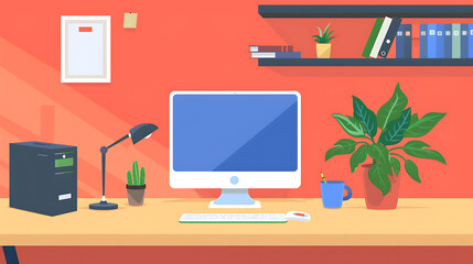 Poster - Stylish workplace with laptop computer and office supplies