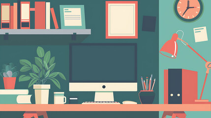 Poster - Stylish workplace with laptop computer and office supplies