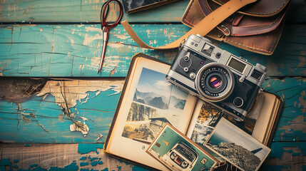 Poster - Photo album remembrance and nostalgia in summer journey trip on wood table. instant photo of vintage camera - vintage and retro style