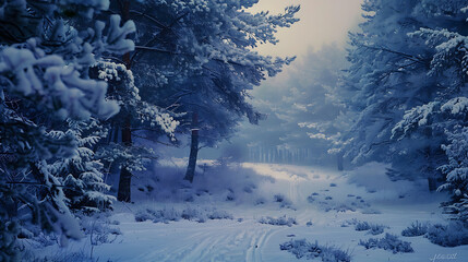 Poster - Pine trees covered with snow on frosty evening. Beautiful winter panorama