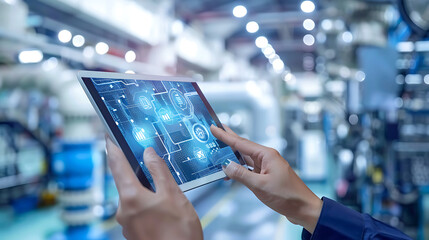 Aufkleber - Smart industry control concept.Hands holding tablet on blurred automation machine as background