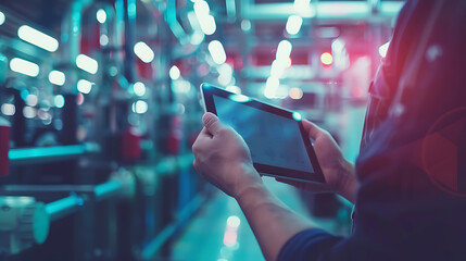 Poster - Smart industry control concept.Hands holding tablet on blurred automation machine as background