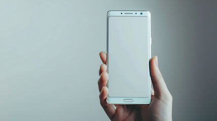 Poster - Modern smart phone in hand. Isolated background and screen. Thin edges od smartphone without a camera