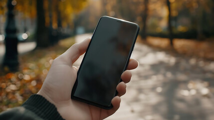 Poster - Modern smart phone in hand. Isolated background and screen. Thin edges od smartphone without a camera