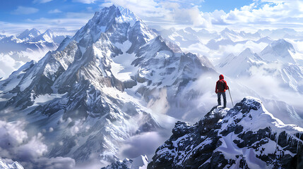Poster - Panorama of Mountaineer standing on top of snowy mountain range