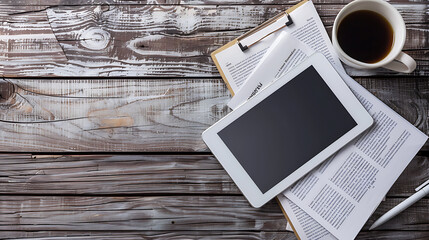 Aufkleber - Newspaper with tablet on wooden table