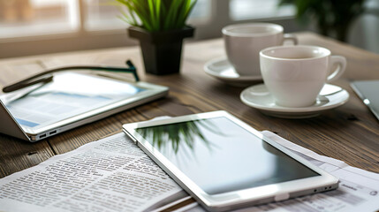 Poster - Newspaper with tablet on wooden table