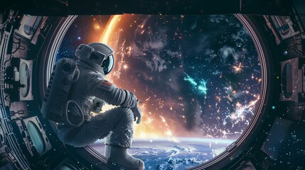 Wall Mural - Futuristic Astronaut Exploring the Cosmos: A Journey Through the Galaxy with Earth in the Background