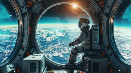 Wall Mural - Futuristic Astronaut Exploring the Cosmos: A Journey Through the Galaxy with Earth in the Background