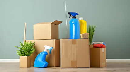Poster - Move. Cardboard boxes and cleaning things for moving into a new home