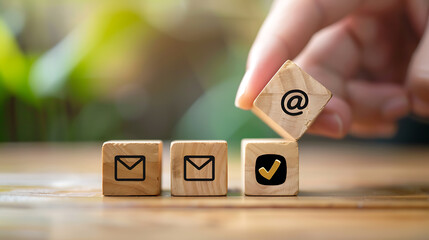 Poster - Hand putting wooden block cube symbol telephone, email, address. Website page contact us or e-mail marketing concept