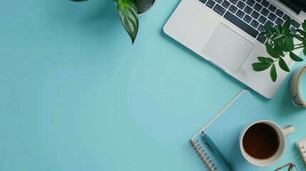 Poster - Creative flat lay workspace with laptop, coffee cup, notebook, accessories and copy space