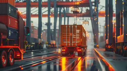 Aufkleber - Container truck in ship port for business Logistics and transportation of Container Cargo ship and Cargo plane with working crane bridge in shipyard, logistic import export and transport industry