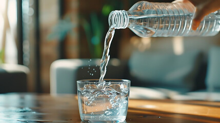 Poster - Close up the  pouring purified fresh drink water from the bottle on table in living room