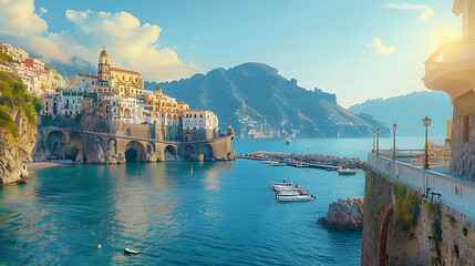 Aufkleber - Landscape with Atrani town at famous amalfi coast, Italy