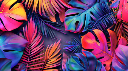 Aufkleber - Exotic plants in bold rainbow colors. Tropical layout mockup. Background with painted leaves. Minimal colorful jungle concept art. 3D Render.